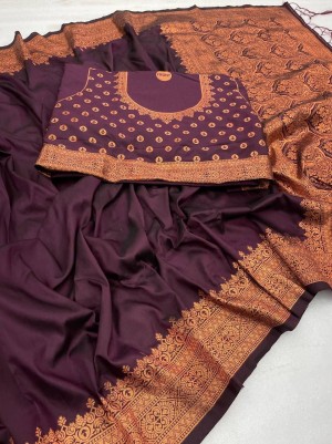 Wine New Looking Banarasi Soft Silk With Zari Work For Women Saree